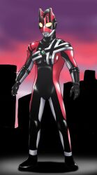 Rule 34 | 1boy, a-pose, alien, black gloves, black skin, cityscape, color timer, colored skin, commentary request, crossover, dusk, full body, fusion, giant of light, gloves, highres, kamen rider, kamen rider dcd, kamen rider decade, looking ahead, male focus, red skin, shadow, silver skin, sparkle, standing, takaya n, tokusatsu, ultra series, ultraman, ultraman (1st series), yellow eyes