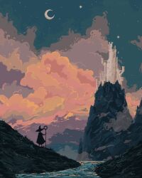 1girl building castle chel_faust cloak cloud cloudy_sky crescent_moon facing_away fantasy fog from_behind hat highres holding holding_staff long_sleeves mage_staff moon mountain mountainous_horizon night night_sky original outdoors rock scenery sky solo staff standing star_(sky) tower water wide_shot witch_hat