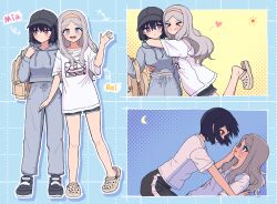 &gt;_&lt; 2girls absurdres arms_around_neck backpack bag black_hair blue_background blue_eyes blue_hoodie blue_pants closed_mouth commentary crocs drawstring grey_hair hairband hand_on_another&#039;s_face heart highres hood hoodie hug jin_(jinkwon1147) long_sleeves moon multiple_girls open_mouth original pants purple_eyes shirt short_hair short_sleeves smile sun white_shirt yellow_background yellow_hairband yuri
