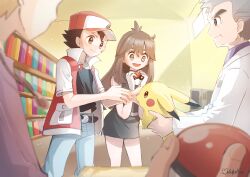 1girl 3boys :d absurdres belt belt_buckle black_belt black_shirt blue_oak blurry blurry_foreground bookshelf brown_eyes brown_hair buckle ceiling closed_mouth coat commentary_request day dress eyelashes gen_1_pokemon gloves green_(pokemon) hat highres holding holding_poke_ball holding_pokemon indoors jacket jewelry long_hair mocha_fushigi multiple_boys necklace nintendo open_clothes open_jacket open_mouth pants pikachu poke_ball poke_ball_(basic) pokemon pokemon_(creature) pokemon_lgpe purple_shirt red_(pokemon) red_headwear samuel_oak shirt short_dress short_hair smile white_coat white_gloves window