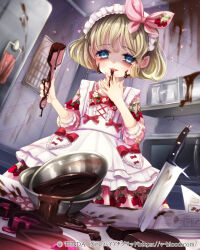 Rule 34 | 1girl, apron, blonde hair, blue eyes, book, bow, bowtie, calendar (object), candy, cherry print, chocolate, chocolate heart, chocolate making, chocolate on face, commentary request, copyright name, copyright notice, cowboy shot, dress, food, food on face, food print, frilled apron, frills, fruit print, hair bow, hane segawa, heart, heart-shaped food, highres, holding, holding spatula, indoors, kitchen, kitchen knife, lolita fashion, looking at viewer, maid headdress, microwave, mixing bowl, official art, open book, oto koikawa, pink bow, pink dress, print bow, print dress, recipe (object), red bow, red bowtie, refrigerator, shelf, short hair, sleeves rolled up, smile, solo, spatula, standing, tasting, tongue, tongue out, valentine, vampire blood, white apron