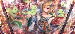 &gt;_&lt; 1girl alternate_costume antlers ball bento blonde_hair blue_kimono breasts cleavage closed_eyes closed_mouth collarbone commentary_request cup dragon_girl dragon_horns floral_print floral_print_kimono flower food food_request furisode game_cg green_scales hair_flower hair_ornament hane_(hanetsuki) holding holding_cup horns japanese_clothes kicchou_yachie kimono long_sleeves new_year ninjinshiru off_shoulder official_art otter otter_spirit_(touhou) own_hands_together print_kimono red_eyes reflection sakazuki smile solo third-party_source touhou touhou_gensou_eclipse turtle_shell wide_sleeves yellow_horns
