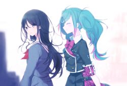 2girls aqua_hair arms_at_sides black_hair black_jacket black_skirt blue_eyes blurry blurry_background bow buttons closed_eyes closed_mouth collared_shirt commentary_request double-breasted facing_ahead from_side grey_serafuku grey_shirt grey_skirt hair_ornament hatsune_miku highres hoshino_ichika_(project_sekai) jacket leo/need_miku long_hair long_sleeves looking_at_viewer looking_to_the_side miyamasuzaka_girls&#039;_academy_school_uniform multicolored_hair multiple_girls neckerchief paperclip paperclip_hair_ornament parted_lips pink_hair pink_streaks pleated_skirt project_sekai red_bow red_neckerchief sailor_collar school_uniform serafuku shirt sidelocks skirt smile star_ornament streaked_hair twintails upper_body vocaloid white_background white_shirt yukara_(loiroio)