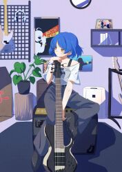 1girl 6-string_bass_guitar ahoge album_cover album_cover_redraw amplifier bass_guitar black_boots black_shoes black_tank_top blue_hair bocchi_the_rock! bookshelf boots commentary_request cover derivative_work fender_precision_bass franz_ferdinand_(band) fretless_bass_guitar full_body grey_pants hand_up head_rest headphones headphones_removed highres ibanez_btb866sc indoors instrument kessoku_band lamune_otohara nevermind nirvana_(band) no_strings open_mouth pants parody picture_frame plant potted_plant shirt shoes short_hair sitting sitting_on_object solo tank_top white_shirt yamada_ryo yellow_eyes