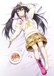 1girl animal_print belt black_hair boots cake clothes_writing collarbone commentary_request dated female_focus flat_chest food food_on_face fork fruit full_body hand_on_own_head highres holding holding_knife idolmaster idolmaster_cinderella_girls idolmaster_cinderella_girls_starlight_stage jewelry knife leopard_print long_hair long_sleeves lying matoba_risa necklace off-shoulder_shirt off_shoulder on_back on_bed parted_lips pink_boots pink_ribbon plaid_clothes plaid_skirt plate print_ribbon ribbon shadow shirt sidelocks signature single_boot skirt solo strawberry twintails whipped_cream yellow_eyes yellow_shirt yellow_skirt yoohi