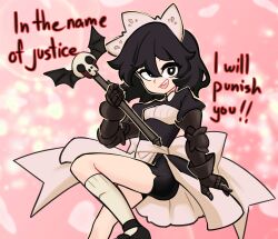 Rule 34 | 1girl, back bow, bishoujo senshi sailor moon, black eyes, black hair, black shorts, bow, breasts, bright pupils, bubble background, centurii-chan, commentary, english commentary, english text, executioner maid (apprentice) (centurii-chan), foot out of frame, foot up, gauntlets, hair between eyes, heart, heart background, highres, holding, holding wand, huge bow, kneehighs, looking at viewer, magical girl, maid headdress, medium hair, open mouth, original, pink background, shorts, skull, small breasts, smile, socks, solo, teeth, tsuki ni kawatte oshioki yo, upper teeth only, wand, white pupils, white socks