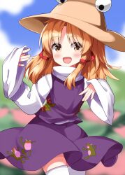 1girl :d animal_print blonde_hair blurry blurry_background blush brown_hat commentary_request cowboy_shot frog_print hair_ribbon hands_up hat highres long_sleeves looking_at_viewer medium_hair moriya_suwako open_mouth parted_bangs print_skirt purple_skirt purple_vest red_ribbon ribbon ruu_(tksymkw) shirt sidelocks skirt skirt_set sleeves_past_wrists smile solo thighhighs touhou turtleneck turtleneck_shirt vest white_shirt white_thighhighs wide_sleeves yellow_eyes