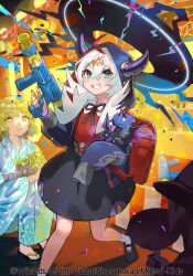 2girls ahoge backpack bag black_halo black_hoodie black_ribbon black_shoes black_skirt blue_eyes blue_hoodie bow character_doll clenched_teeth closed_mouth collared_shirt copyright_notice doll dragon_girl dragon_horns dragon_musume_ni_naritakunai! duel_masters dyed_ahoge energy fang green_hair gun hair_ornament hairpin halo highres holding holding_gun holding_weapon hood hooded_jacket hoodie horns jacket japanese_clothes kimono kumada_suzu long_hair long_sleeves looking_at_another looking_up mascot medium_hair mole mole_under_eye multicolored_hair multiple_girls nagareboshi_asche official_art open_mouth print_kimono randoseru red_bow red_hair red_hoodie red_shirt ribbon saitou_naoki sandals shirt shoes shooting_gallery sidelocks skirt sleeves_past_fingers sleeves_past_wrists smile socks squatting standing stuffed_toy summer_festival teeth water_gun weapon white_hair white_socks yellow_eyes yukata