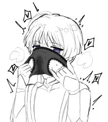 1220_(fowlr) 1boy absurdres ahoge armor bad_id bad_pixiv_id black_panties blunt_ends blush bodysuit genshin_impact greyscale hands_up heart highres holding holding_panties holding_underwear holding_unworn_clothes japanese_armor japanese_clothes jewelry juban kimono kote lace lace-trimmed_panties lace_trim male_focus mandarin_collar monochrome neck_ring open_clothes open_kimono panties pervert purple_eyes ringed_eyes saliva scaramouche_(genshin_impact) smelling smelling_clothes smelling_underwear solo spoken_heart spot_color twitching underwear