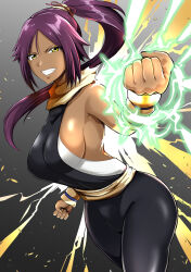 Rule 34 | 1girl, bare shoulders, black background, black leotard, bleach, breasts, clenched hands, dark-skinned female, dark skin, gradient background, highres, large breasts, leotard, long hair, looking at viewer, parted bangs, ponytail, purple hair, shihouin yoruichi, sideboob, simple background, sleeveless, solo, yano toshinori, yellow eyes