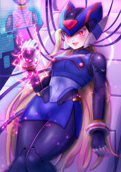 1girl absurdres alternate_color android armor bliss_zero_(mega_man) blonde_hair blue_armor blue_helmet breasts cable commentary_request commission copy_x_(mega_man) corruption dark_persona forehead_jewel genderswap genderswap_(mtf) glowing helmet highres holographic_interface kiwakiwa large_breasts long_hair mega_man_(series) mega_man_zero_(series) mind_control miniskirt open_mouth pink_lips pixiv_commission red_eyes robot_girl skirt solo svc_chaos teeth tongue zero(z)_(mega_man) zero_(mega_man)