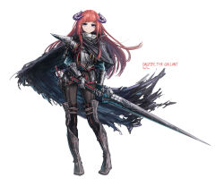 1girl absurdres alternate_costume arknights armor bagpipe_(arknights) black_cape blue_eyes cape character_name commentary english_commentary franlol full_body greaves highres holding holding_polearm holding_weapon horns lance long_hair looking_at_viewer orange_hair polearm smile solo standing straight-on vambraces very_long_hair weapon white_background