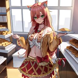 1girl absurdres ahoge animal_ear_fluff animal_ears braid brain bread bread_bun breasts candy candy_cane cat_ears cat_girl choker closed_mouth commission food food-themed_clothes green_eyes hair_between_eyes highres holding holding_tray indoors large_breasts long_sleeves looking_at_viewer navel original pie pink_hair red_choker red_skirt ribbon-trimmed_sleeves ribbon_trim seventeencrows shelf single_braid skirt smile solo standing sunlight tray window
