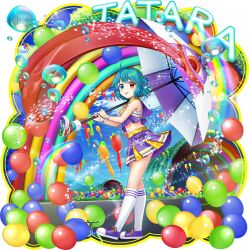 1girl :p ahoge alternate_costume ascot balloon blue_eyes blue_hair blue_sky character_name cheerleader cloud crop_top day full_body game_cg heterochromia highres holding holding_umbrella karakasa_obake kneehighs legs looking_at_viewer midriff multicolored_shirt multicolored_skirt navel official_art outdoors pleated_skirt purple_shirt purple_shoes purple_skirt purple_umbrella rainbow red_eyes rotte_(1109) shirt shoes short_hair skirt sky sleeveless sleeveless_shirt sneakers socks solo striped_clothes striped_socks tatara_kogasa tatara_kogasa_(sunshine-praying_umbrella) thighs third-party_source tongue tongue_out touhou touhou_lostword transparent_background two-tone_umbrella umbrella umbrella_over_shoulder water_drop white_socks white_umbrella yellow_ascot