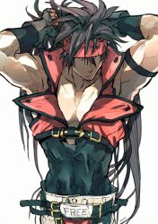1_ssmk 1boy arms_behind_head arms_up belt black_gloves brown_hair cropped_jacket english_text fingerless_gloves gloves guilty_gear guilty_gear_x guilty_gear_xx hair_between_eyes headband highres jacket large_pectorals long_hair male_focus muscular muscular_male pectorals ponytail red_jacket shaded_face sol_badguy solo