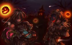 2boys armor bare_tree black_hair blonde_hair breastplate chain commentary_request fur_collar genetic_(ragnarok_online) glowing glowing_eyes grin halloween holding holding_mask house jack-o&#039;-lantern long_hair looking_at_viewer mask masked multiple_boys night outdoors pauldrons pointy_ears purple_sky ragnarok_online red_eyes sahar shadow_chaser_(ragnarok_online) short_hair shoulder_armor sky smile tongue tongue_out tree upper_body