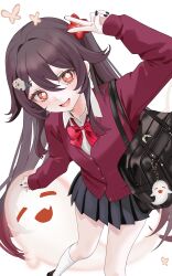 1girl absurdres black_skirt boo_tao_(genshin_impact) bow brown_hair cardigan commentary flower-shaped_pupils genshin_impact hair_between_eyes hair_ornament highres hu_tao_(genshin_impact) long_hair looking_at_viewer m1k0to_zz pleated_skirt red_bow red_cardigan red_eyes school_uniform shirt simple_background skirt smile socks symbol-shaped_pupils twintails v white_background white_shirt white_socks