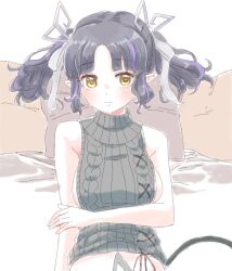 Rule 34 | 1girl, arm under breasts, black hair, blush, breasts, cable knit, closed mouth, clothes lift, demon girl, demon horns, demon tail, expressionless, highres, horns, islandz, kojo anna, kojo anna (3rd costume), looking at viewer, medium breasts, meme attire, multicolored hair, nanashi inc., out-of-frame censoring, pillow, pointy ears, purple hair, ribbed sweater, short hair, sideboob, solo, sweater, sweater lift, tail, turtleneck, turtleneck sweater, two-tone hair, upper body, virgin killer sweater, virtual youtuber, yellow eyes