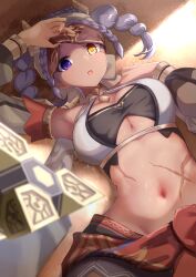 Rule 34 | 1girl, absurdres, benben (genshin impact), blue eyes, blue hair, braid, breasts, commentary request, dark-skinned female, dark skin, eye mask, genshin impact, heterochromia, highres, jeht (genshin impact), looking at viewer, lying, medium breasts, midriff, navel, on back, open mouth, revision, sazanka, scar, scar on stomach, solo, stomach, strapless, tube top, twin braids, twintails, underboob, yellow background