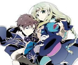 Rule 34 | 1boy, 1girl, atelier (series), atelier lulua, blue coat, blue eyes, blue jacket, braid, brown hair, carrying, carrying person, circlet, closed mouth, coat, commentary request, ficus finis, fingerless gloves, gloves, green eyes, green hair, hat, holding, holding unworn clothes, holding unworn hat, jacket, karasumi (aiseec), long hair, long sleeves, looking at viewer, open mouth, piana (atelier), short hair, simple background, single braid, smile, top hat, unworn hat, unworn headwear, white background