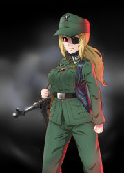 1girl absurdres belt blonde_hair blurry blurry_background breasts commentary_request cross eyepatch female_focus german_army gun hat highres hitch_(perotoss) holster holstered iron_cross large_breasts looking_at_viewer military military_hat military_uniform mp40 original ponytail red_eyes solo submachine_gun weapon