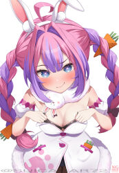 1girl ahoge animal_ears black_leotard black_pantyhose blue_eyes blush braid breasts carrot_hair_ornament closed_mouth cosplay don-chan_(usada_pekora) dress fake_animal_ears food-themed_hair_ornament fur-trimmed_dress fur_trim hair_ornament highres hololive hololive_dev_is kikirara_vivi leotard leotard_under_clothes medium_breasts multicolored_hair pantyhose pink_hair purple_hair rabbit_ears smile solo streaked_hair suicabar72 twin_braids usada_pekora usada_pekora_(1st_costume) usada_pekora_(cosplay) virtual_youtuber white_dress
