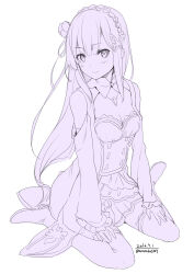 1girl bare_shoulders blunt_bangs boots braid breasts butterfly_hair_ornament chest_jewel cleavage cleavage_cutout closed_mouth clothing_cutout commentary_request crown_braid dated dot_nose dress emilia_(re:zero) eyelashes flower frilled_dress frilled_sleeves frilled_thigh_strap frills full_body hair_flower hair_ornament hands_on_own_thighs happy high_collar high_heel_boots high_heels highres light_blush long_hair long_sleeves miniskirt monochrome pleated_skirt purple_theme re:zero_kara_hajimeru_isekai_seikatsu short_dress shoulder_cutout sidelocks simple_background sitting skirt skirt_under_dress sleeves_past_wrists smile solo straight_hair thigh_strap tsurime twitter_username unasaka_ryou very_long_hair wariza white_background wrist_cuffs