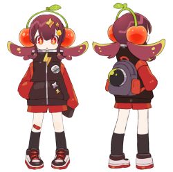 1girl backpack bag bandaid bandaid_on_knee bandaid_on_leg black_socks black_sweater brown_hair cherry commentary_request food from_behind fruit full_body hand_in_pocket headphones highres lightning_bolt-shaped_pupils long_sleeves looking_at_viewer low_twintails medium_hair multiple_views open_mouth original red_eyes red_shorts red_sleeves shoes shorts simple_background sleeves_past_fingers sleeves_past_wrists sneakers socks solo sorata123 standing sweater symbol-shaped_pupils twintails white_background white_shoes