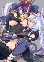 Rule 34 | 2girls, absurdres, animal ear fluff, animal ears, armpits, arms tied above head, blue eyes, breasts, commission, commissioner upload, fox mask, gin (riichi city), highres, inagata, leotard, licking, licking armpit, long hair, mahjong soul, mask, multiple girls, ninja, nipple stimulation, non-web source, one eye closed, open mouth, purple hair, ransei (mahjong soul), red eyes, riichi city, rope, saliva, scarf, skeb commission, tail, tongue, tongue out, white hair, wolf ears, wolf tail, yuri
