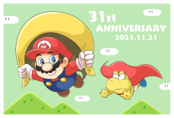1boy 1other anniversary annoyed aogaeru_(pixiv46613656) blue_eyes blue_sky brown_hair cape cape_mario facial_hair flying gloves grin hat highres mario mario_(series) mountain mustache nintendo overalls sky smile super_koopa super_mario_world yellow_cape