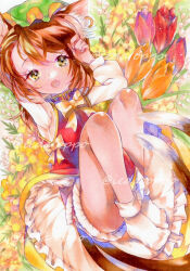 1girl :d animal_ear_fluff animal_ear_piercing animal_ears arm_up bloomers bow bowtie brown_eyes brown_hair cat_ears cat_tail chen commentary_request dot_nose earrings eyelashes fang flower flower_request frills full_body gold_trim hair_between_eyes hands_up happy hat jewelry knees_up legs_together long_sleeves looking_at_viewer medium_hair mob_cap multiple_tails nekomata open_mouth orange_flower puffy_long_sleeves puffy_sleeves red_flower red_skirt red_vest sakamoto_aou single_earring skin_fang skirt skirt_set smile solo swept_bangs tail touhou traditional_media tulip two_tails underwear upskirt vest yellow_bow yellow_bowtie yellow_flower