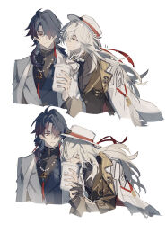 2boys blade_(good_me)_(honkai:_star_rail) blade_(honkai:_star_rail) blue_hair coat cup drinking gloves grey_hair hat highres holding holding_cup honkai:_star_rail honkai_(series) jacket jacket_on_shoulders jewelry jing_yuan jing_yuan_(star_rail_live_2025) long_hair long_sleeves looking_back male_focus mississipping multicolored_hair multiple_boys necklace shirt simple_background tassel upper_body yaoi