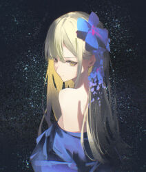 Rule 34 | 1girl, airool, bang dream!, bang dream! it&#039;s mygo!!!!!, bare shoulders, blue dress, blue ribbon, chinese commentary, chromatic aberration, closed mouth, commentary request, dark background, dress, from side, green hair, hair between eyes, hair ornament, hair ribbon, highres, light smile, long hair, looking at viewer, looking to the side, off-shoulder dress, off shoulder, ribbon, sidelighting, solo, upper body, wakaba mutsumi