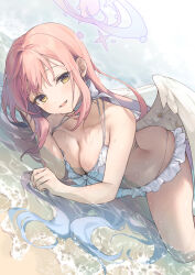1girl :d beach bikini blue_archive blue_hair blue_halo blurry breast_press breasts choker depth_of_field feathered_wings frilled_bikini frills gradient_hair gradient_halo hair_down halo highres large_breasts long_hair looking_at_viewer low_wings lying mika_(blue_archive) mika_(swimsuit)_(blue_archive) multicolored_hair multicolored_halo on_side open_mouth pink_hair pink_halo raised_eyebrows sand shiidap smile solo swimsuit thong_bikini water wet white_bikini white_choker wing_ornament wings yellow_eyes