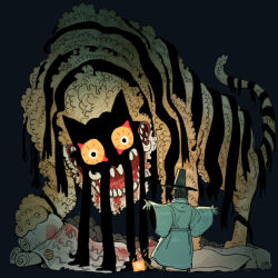 1boy absurdres animal_focus blood blue_background constricted_pupils dream_tiger_(govy9807) full_body govy9807 hat highres monster open_mouth original outstretched_arms scroll sharp_teeth spread_arms standing teeth tiger yellow_eyes