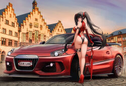 1girl absurdres alternate_costume armband ass azur_lane back_cutout bare_shoulders black_hair breasts brown_hair butt_crack car checkered_armband checkered_clothes clothing_cutout cross crossed_legs detached_sleeves fingerless_gloves from_behind gloves high_heels highres iron_blood_(emblem) iron_cross kcar66t leotard location_request long_hair long_legs looking_back motor_vehicle peter_strasser_(azur_lane) pink_eyes race_queen single_detached_sleeve solo sports_car thigh_strap thighs twintails umbrella vehicle_request watson_cross wide_shot