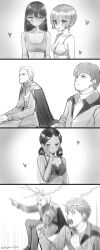 2boys 3girls amate_yuzuriha amuro_ray artist_name bra breasts cape char&#039;s_counterattack char_aznable collarbone commentary_request gaijin_4koma_(meme) gundam gundam_gquuuuuux hair_slicked_back heart highres kiya_hajime lalah_sune long_hair medium_breasts meme multiple_boys multiple_girls newtype_flash nyaan_(gundam_gquuuuuux) open_mouth pants short_hair small_breasts twitter_username underwear