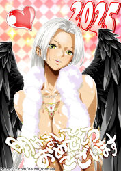 Rule 34 | 1girl, 2025, aged up, black wings, breasts, commentary request, dark-skinned female, dark skin, feathered wings, grey hair, heart, jewelry, large breasts, long hair, necklace, nel-zel formula, one piece, open mouth, s-snake, solo, star-shaped pupils, star (symbol), symbol-shaped pupils, teeth, translation request, upper teeth only, wings, yellow eyes