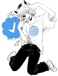 Rule 34 | 1girl, :3, arms up, blue checkmark, denim, double v, highres, horns, jeans, mem-cho, multicolored hair, one eye closed, open mouth, oshi no ko, pants, roots (hair), shirt, sketch, smile, solo, star (symbol), t-shirt, teeth, twitter, upper teeth only, v, yokoyari mengo