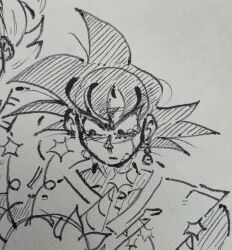 1boy black_bodysuit black_eyes black_hair bodysuit cashmro dougi dragon_ball dragon_ball_super earrings expressionless goku_black greyscale jewelry looking_down monochrome potara_earrings saiyan solo spiked_hair traditional_media