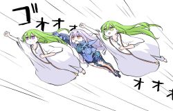 1boy 1girl 1other armor barefoot blue_gloves blue_leotard dual_persona enkidu_(fate) fate/grand_order fate_(series) flying gloves green_eyes green_hair grey_hair hair_intakes himeko_(nico6v6pachi) kingu_(fate) leotard long_hair melusine_(fate) melusine_(first_ascension)_(fate) motion_lines orange_eyes pants purple_eyes robe speed_lines sweatdrop very_long_hair white_pants white_robe