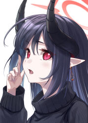1girl absurdres alternate_costume black_hair black_horns black_sweater blue_archive chiaki_(blue_archive) commentary_request demon_girl demon_horns halo highres horns index_finger_raised kokage_yugure long_sleeves looking_at_viewer no_eyewear pointy_ears red_halo simple_background slit_pupils solo sweater turtleneck turtleneck_sweater white_background