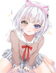 1girl :3 animal_ear_hairband animal_ears bang_dream! bang_dream!_it&#039;s_mygo!!!!! barefoot blue_eyes blush brown_shirt cismlyri closed_mouth commentary fake_animal_ears grey_skirt hairband hanasakigawa_school_uniform heterochromia highres kaname_raana long_sleeves looking_at_viewer neck_ribbon plaid_clothes plaid_skirt pleated_skirt raana_the_cat red_ribbon ribbon school_uniform serafuku shirt short_hair simple_background skirt solo symbol-only_commentary twitter_username white_background white_hair yellow_eyes