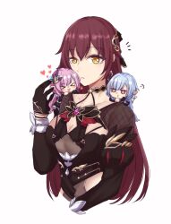 Rule 34 | &gt; &lt;, 3girls, black dress, black gloves, blue hair, breasts, chibi on shoulder, cleavage, commentary, cropped torso, dress, earrings, eden (honkai impact), elf, elysia (honkai impact), elysia (miss pink elf) (honkai impact), gloves, hair ornament, heart, herrscher of corruption, honkai (series), honkai impact 3rd, jewelry, large breasts, multiple girls, pink hair, pointy ears, pout, purple eyes, simple background, toufu 0626, white background, yellow eyes