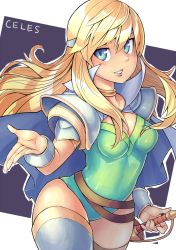 1990s_(style) 1girl armor belt belt_skirt blonde_hair blue_eyes blush bracer breasts cape celes_chere character_name circlet cleavage cleavage_cutout clothing_cutout covered_navel cowboy_shot female_focus final_fantasy final_fantasy_vi floating_hair green_eyes grin hair_between_eyes high_collar hip_focus holding holding_sword holding_weapon impossible_clothes impossible_leotard jewelry leotard long_hair looking_at_viewer multicolored_eyes multiple_belts neck_ring outline outside_border outstretched_hand pauldrons rapier retro_artstyle saltydanshark shoulder_armor small_breasts smile solo sword thighhighs thighs weapon white_thighhighs