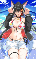 1girl absurdres animal_ears bikini black_collar black_hair black_jacket blue_sky breasts closed_mouth collar fang hair_ornament hairpin highres hololive jacket kurogomatcha large_breasts long_hair looking_at_viewer navel official_alternate_costume ookami_mio ookami_mio_(hololive_summer_2019) ponytail red_hair shorts skin_fang sky smile solo swimsuit thigh_strap virtual_youtuber water white_bikini white_shorts wolf_ears wolf_girl yellow_eyes