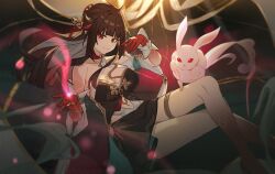 1girl absurdres bare_shoulders black_hair breasts chinese_clothes clothing_cutout colored_extremities crossed_legs detached_sleeves dunggeul_dunggeul hair_between_eyes halterneck highres honkai:_star_rail honkai_(series) large_breasts lingsha_(honkai:_star_rail) long_hair orange_eyes pointy_ears rabbit red_feet red_hands smile