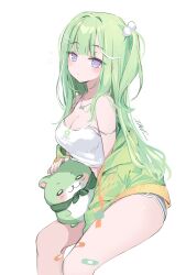 1girl bandaid bandaid_on_leg bare_shoulders breasts chico_(yuzuha_riko) cleavage closed_mouth crop_top dolphin_shorts expressionless from_side green_hair green_jacket grey_shorts hair_ornament highres ika_(4801055) invisible_chair jacket jewelry long_hair looking_at_viewer medium_breasts midriff multicolored_hair necklace off_shoulder one_side_up pom_pom_(clothes) pom_pom_hair_ornament purple_eyes shirt short_shorts shorts simple_background sitting sleeveless sleeveless_shirt solo spaghetti_strap stellive strap_slip streaked_hair thighs virtual_youtuber white_background white_shirt yuzuha_riko