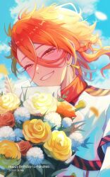 1boy bouquet braid cloud commentary english_commentary english_text falling_petals fire_emblem fire_emblem_engage floating_hair flower gn0080_666 grin hair_between_eyes happy_birthday highres holding holding_bouquet leaf looking_at_viewer male_focus mixed-language_commentary nintendo orange_eyes orange_flower orange_hair pandreo_(fire_emblem) petals plant robe rose side_braid sky smile solo teeth upper_body white_flower white_robe yellow_flower yellow_rose