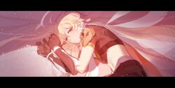 1boy aether_(genshin_impact) ahoge alternate_hairstyle armor belt black_border blonde_hair border brown_belt brown_gloves brown_pants brown_shirt closed_mouth detached_wings earrings gauntlets genshin_impact gloves hair_between_eyes half-closed_eyes highres jewelry long_hair looking_at_viewer lying male_focus midriff on_side orange_eyes pants shadow shirt short_sleeves shoulder_armor single_earring solo sparkle transparent_wings ventuspluma wings